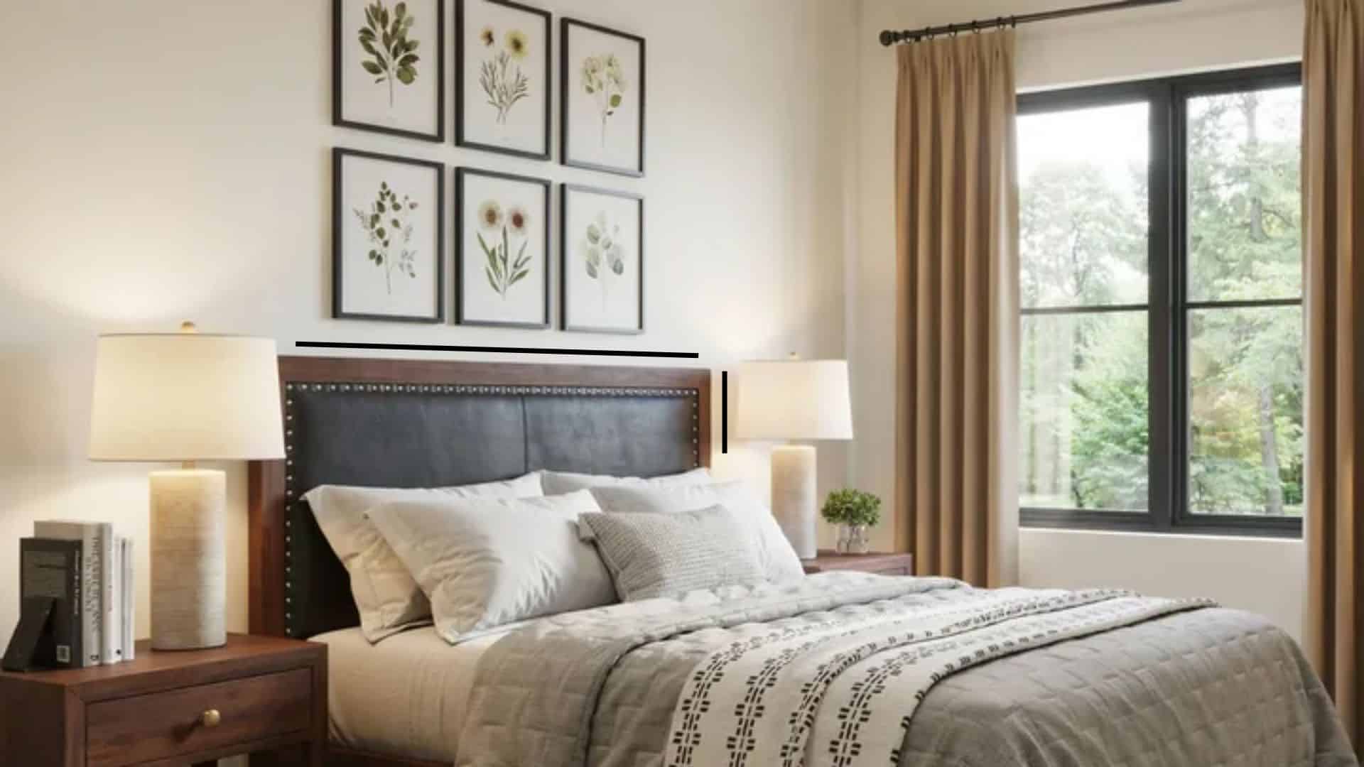 Bedroom with a dark wooden bed, gray bedding, nightstands with lamps, a dresser with a round mirror, and an armchair.
