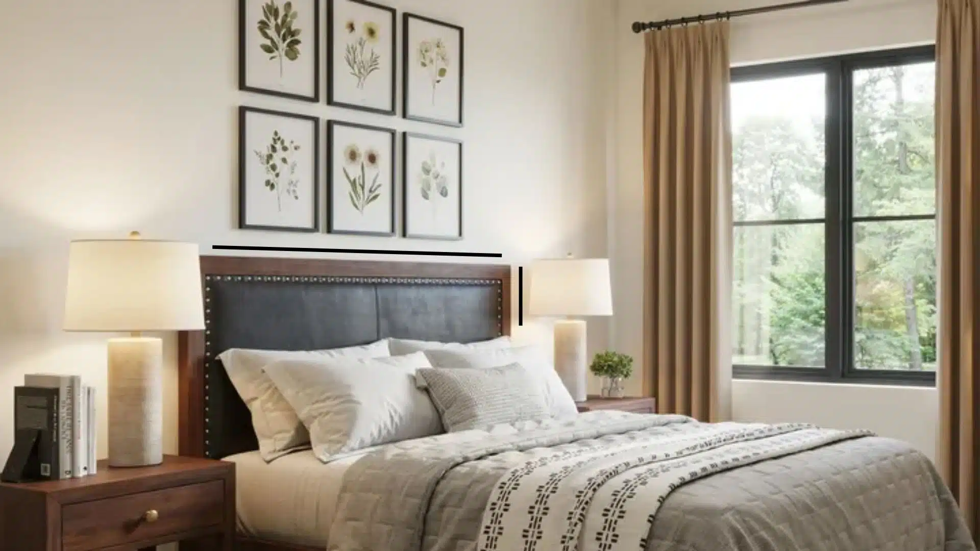 Bedroom with a dark wooden bed, gray bedding, nightstands with lamps, a dresser with a round mirror, and an armchair.