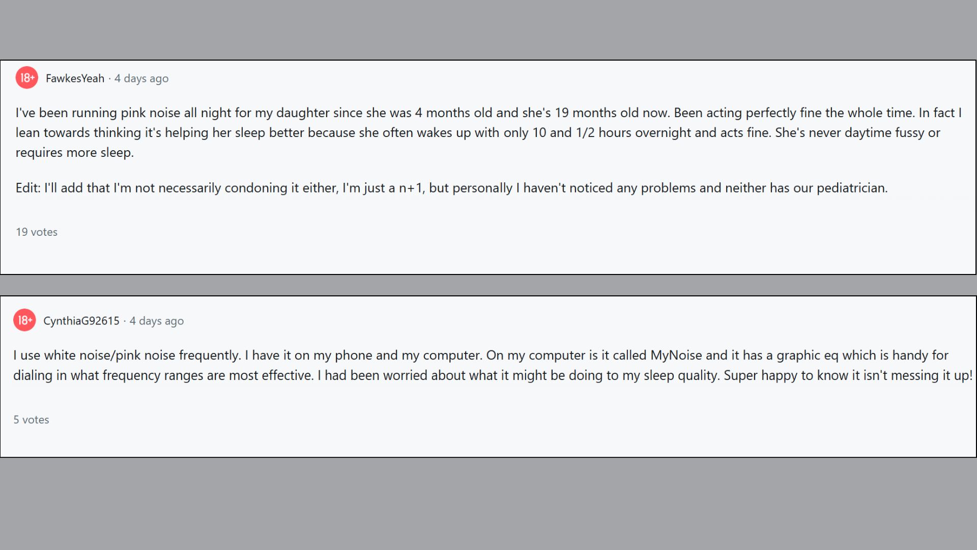 Online forum comments discussing personal experiences with using pink noise for sleep routines