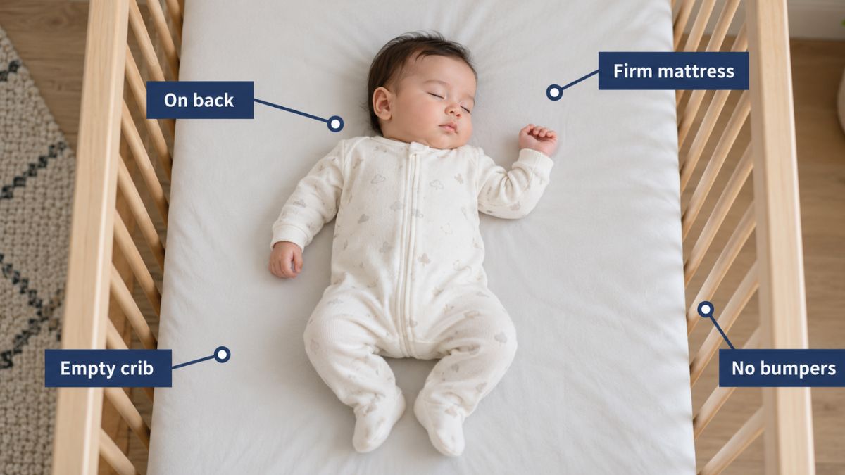 Baby sleeping safely on their back in an empty crib with a firm mattress and no crib bumpers.