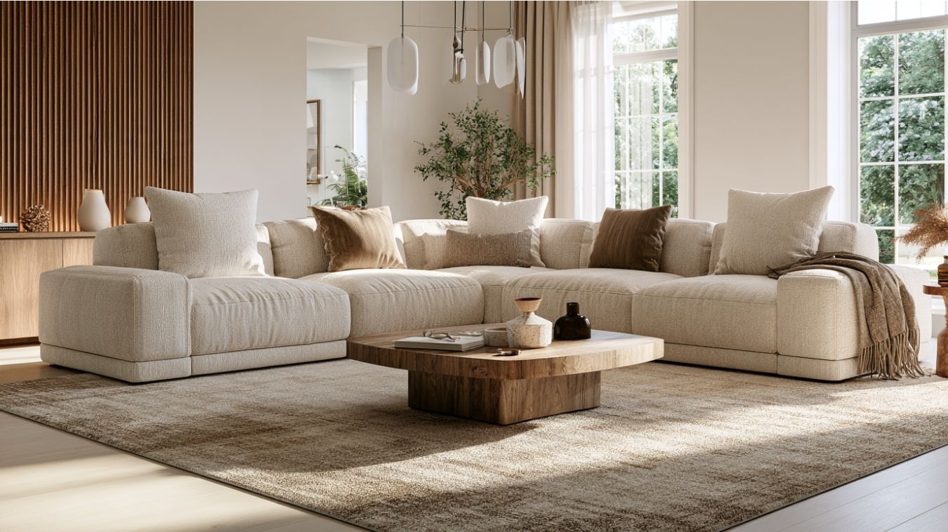 Large sectional sofa with oversized decorative pillows arranged across corner and seating sections