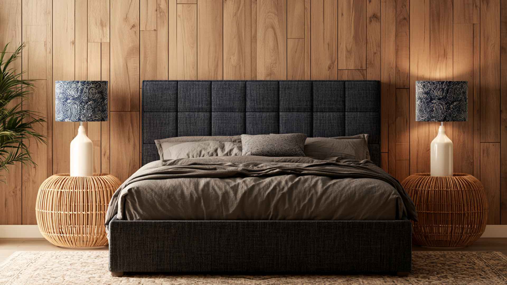 Queen bed with a large area rug underneath, dark upholstered frame, wooden wall, and cozy bedroom lighting.