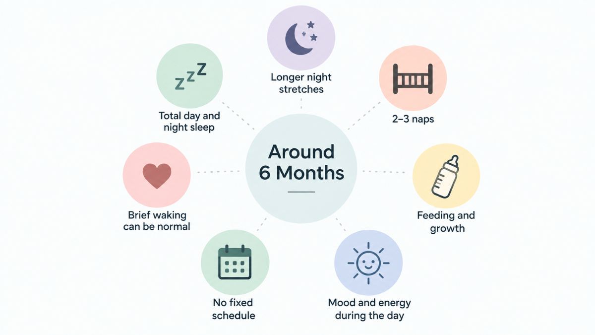 Infographic showing typical six-month baby sleep with night stretches, naps, feeding, growth, mood, and brief waking