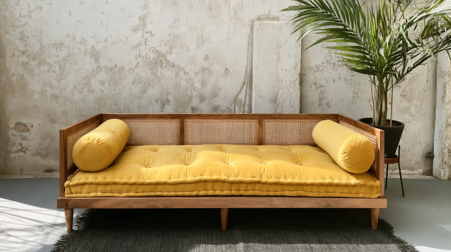 A sofa-style daybed featuring a wooden frame with rattan cane back panels, a tufted yellow cushion, and matching bolster pillows