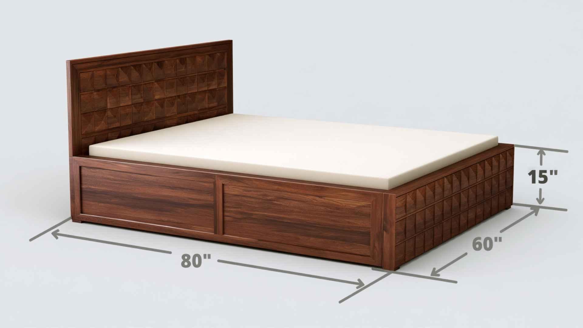 Wooden bed frame with white mattress showing 80-inch length, 60-inch width and 15-inch height