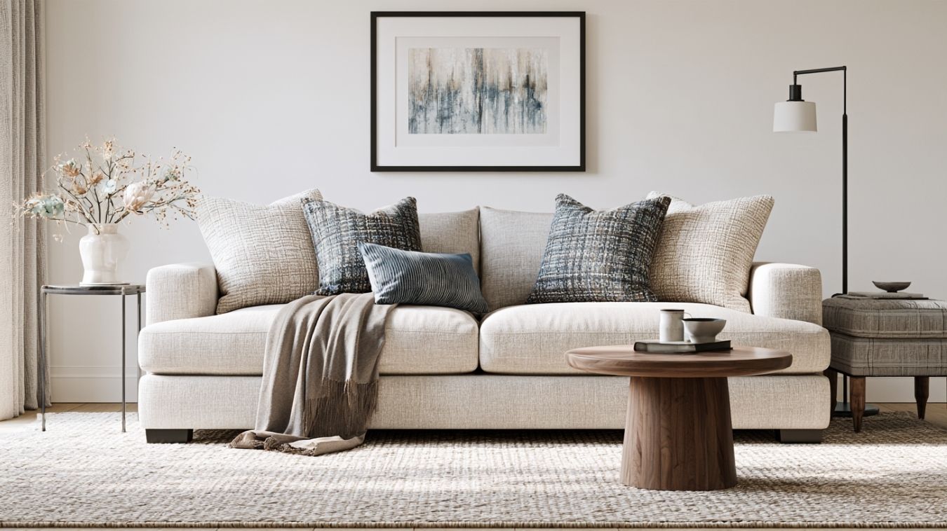 Standard sofa with layered decorative pillows showing balanced sizes for a full-size couch