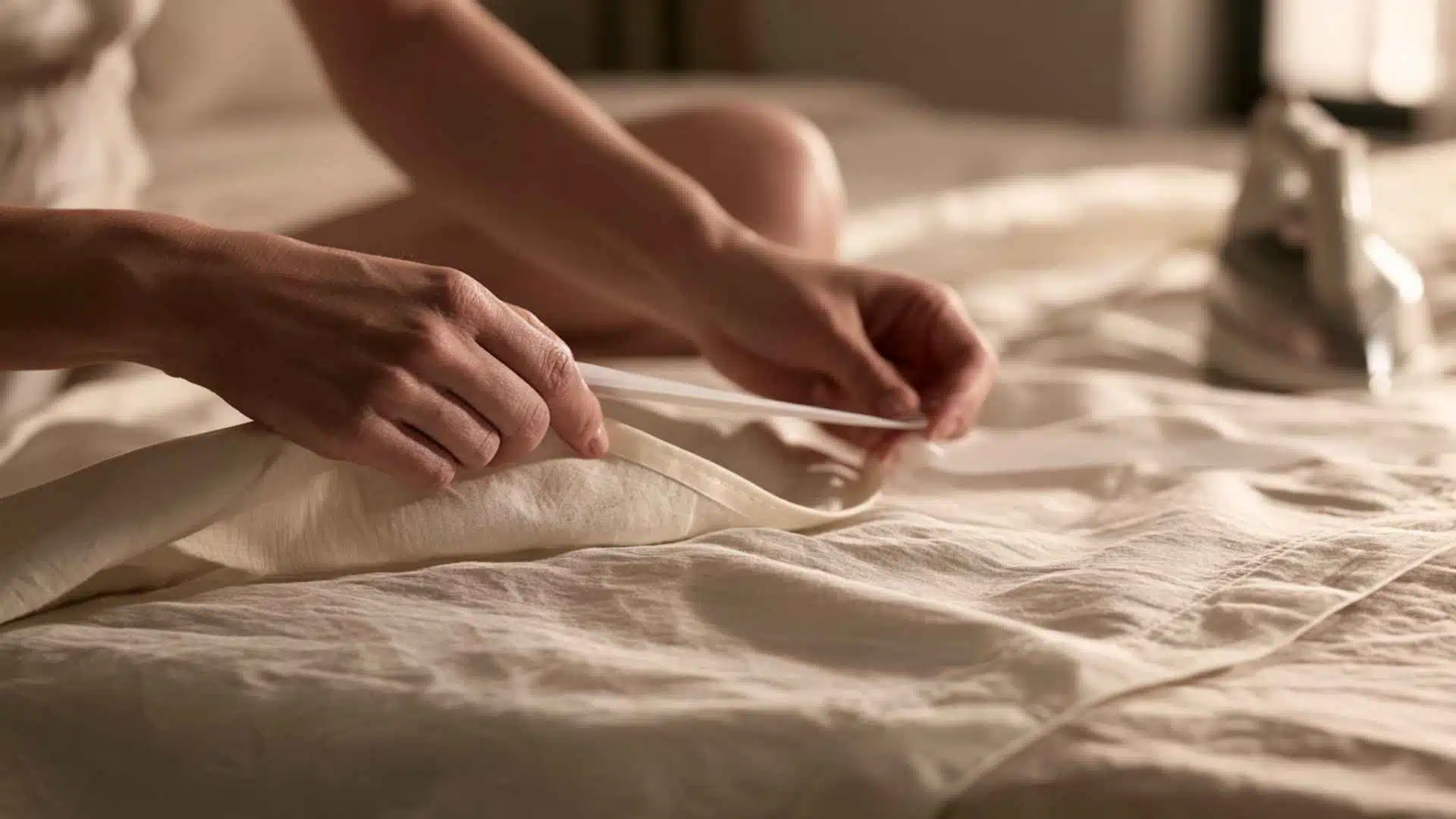 Woman folding the edge of cream fabric and applying hem tape on a neatly made bed