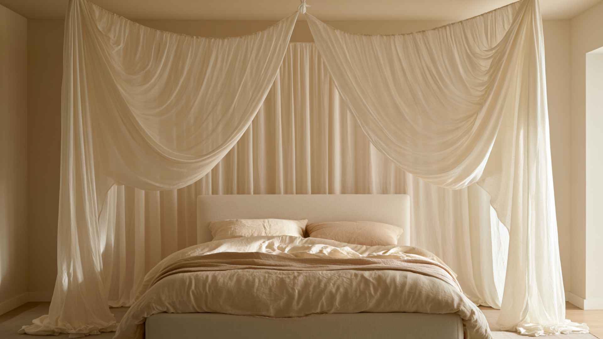 Finished cream DIY bed canopy draped from a ceiling hook in soft folds around a neatly made bed.