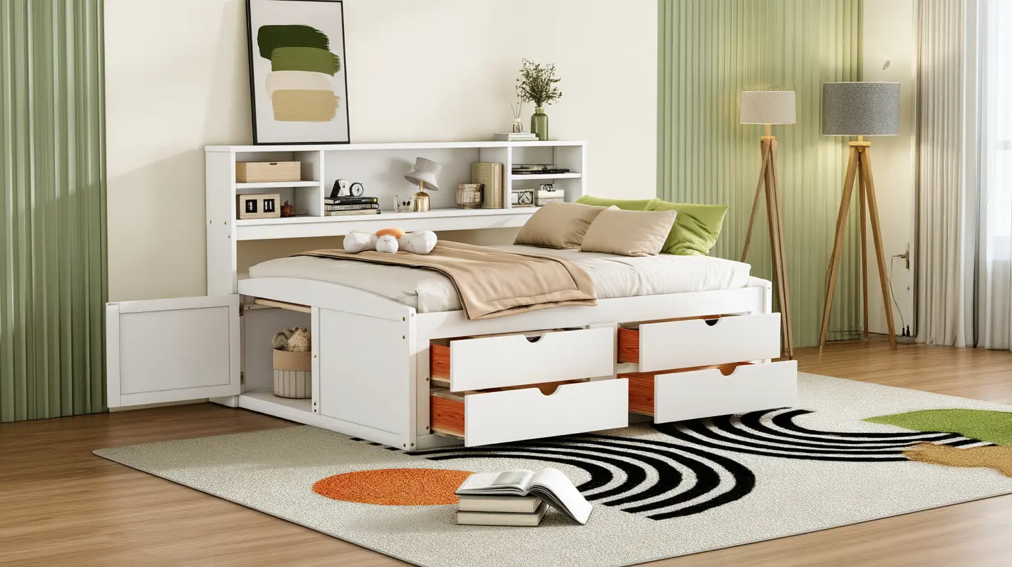 A white storage daybed featuring built-in lower drawers, an open side cabinet door, and an attached bookcase headboard