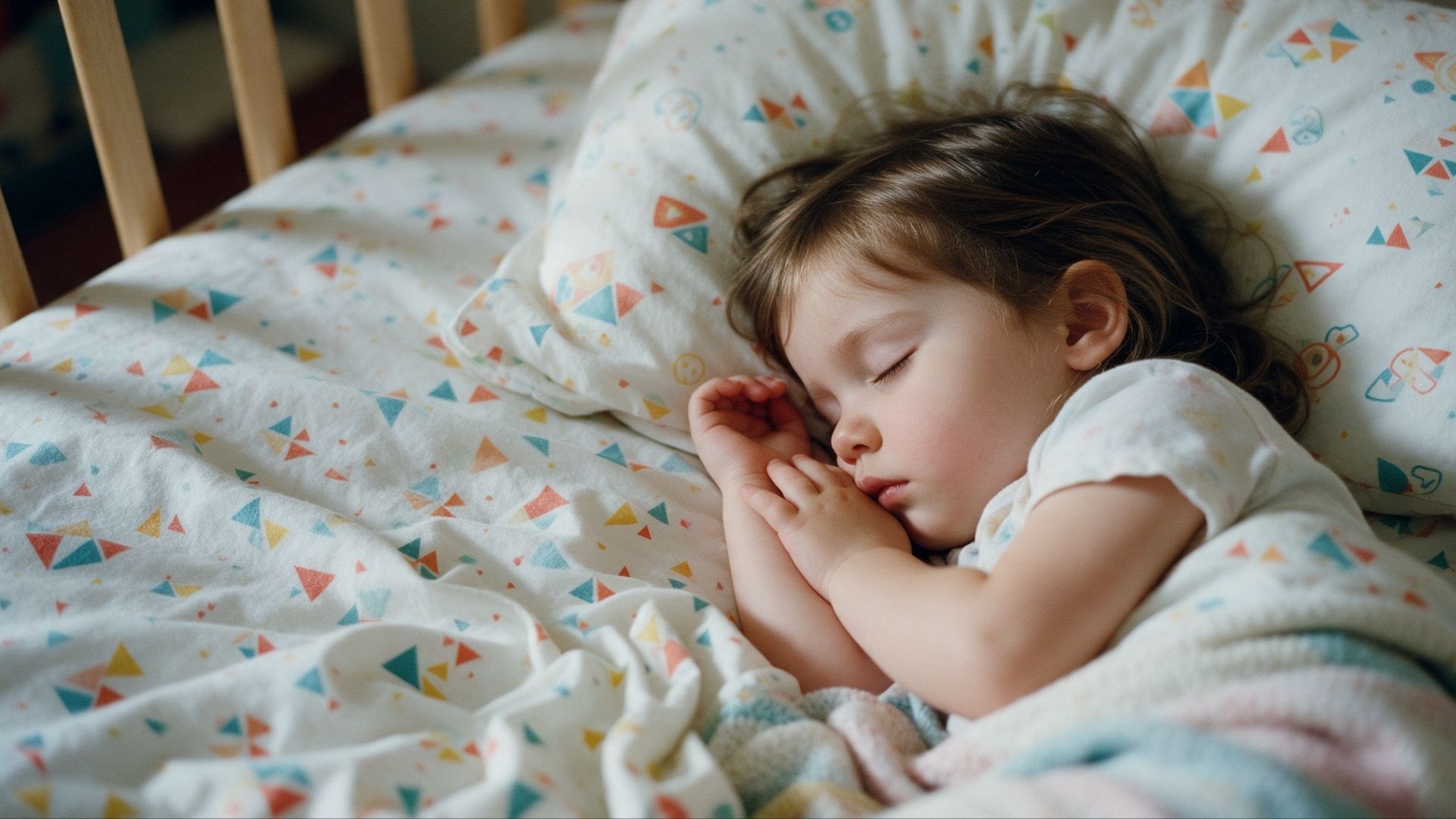 two year old child sleeping peacefully on a patterned bed.