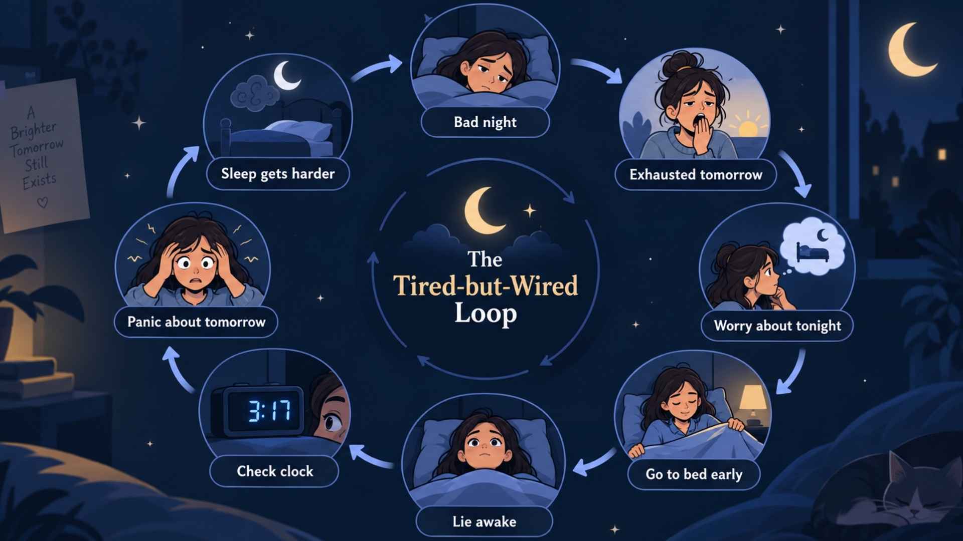 Tired-but-wired sleep loop showing bad sleep, daytime exhaustion, worry, clock checks, and insomnia.