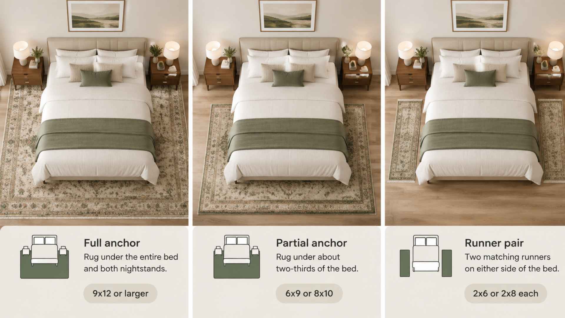Three rug placement styles for a queen bed showing full anchor, partial anchor, and runner pair layouts
