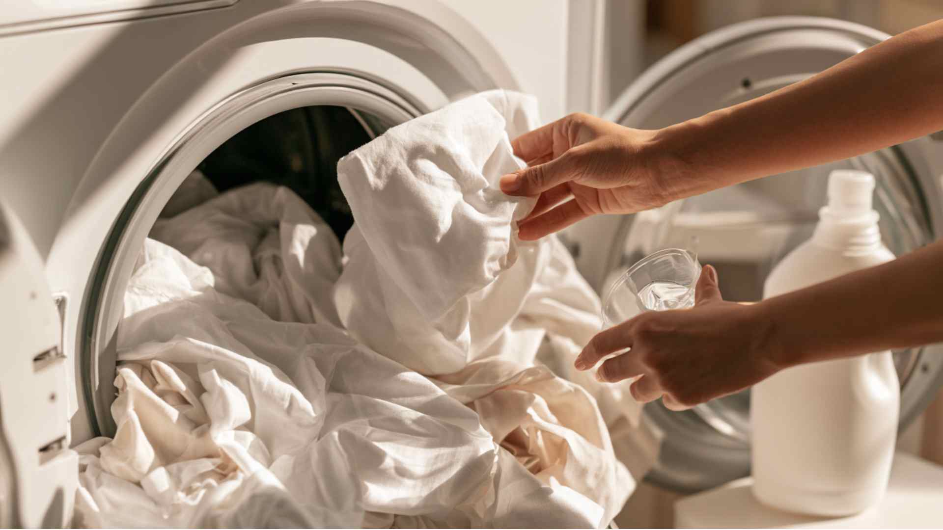 Hands placing new white sheets into a washing machine for the first wash