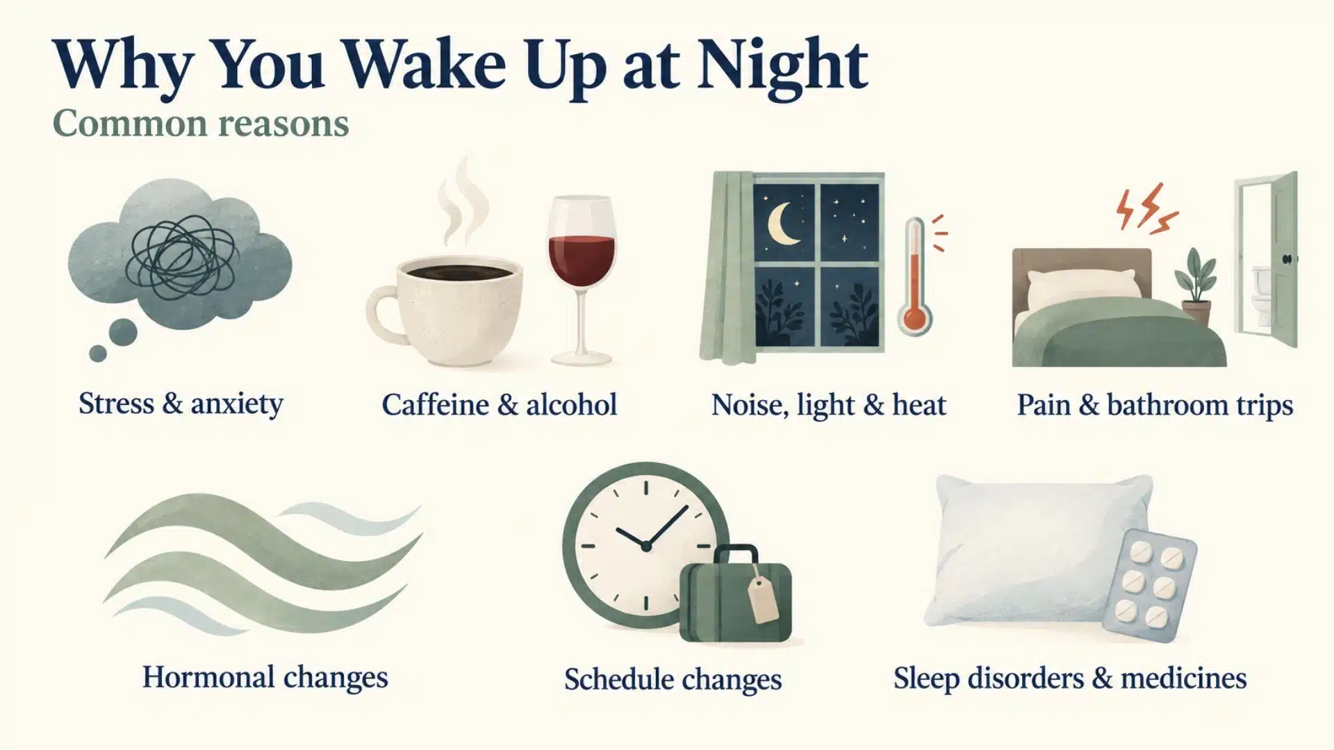 Infographic showing common causes of nighttime waking, including stress, caffeine, discomfort, and sleep disorders