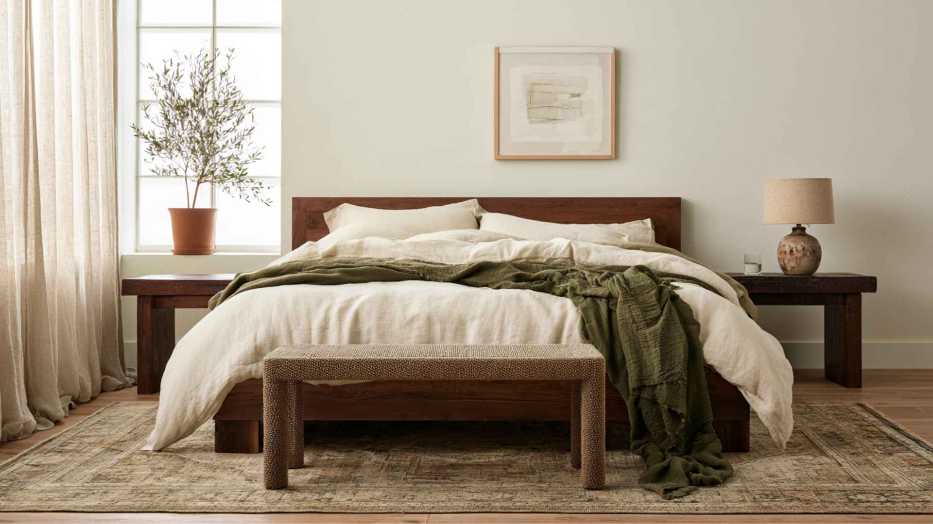 Queen bed with a large area rug extending around the frame, nightstands, bench, and cozy bedroom decor.