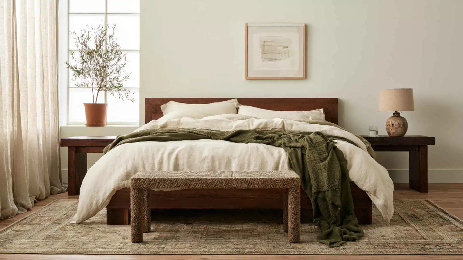 Queen bed with a large area rug extending around the frame, nightstands, bench, and cozy bedroom decor.