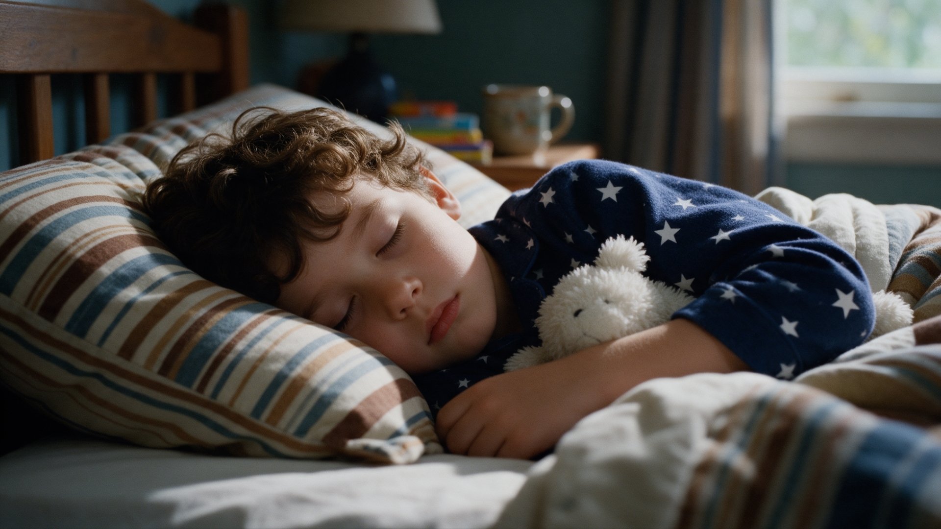toddler sleeping peacefully in a bed while hugging a small plush toy.