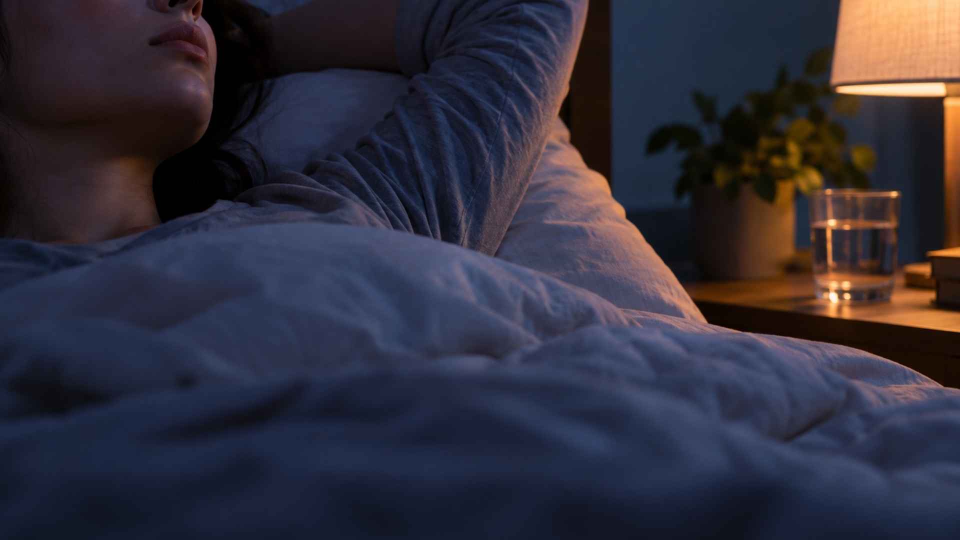 Tired woman lying awake in bed at night beside a warm lamp and glass of water, face partly hidden.