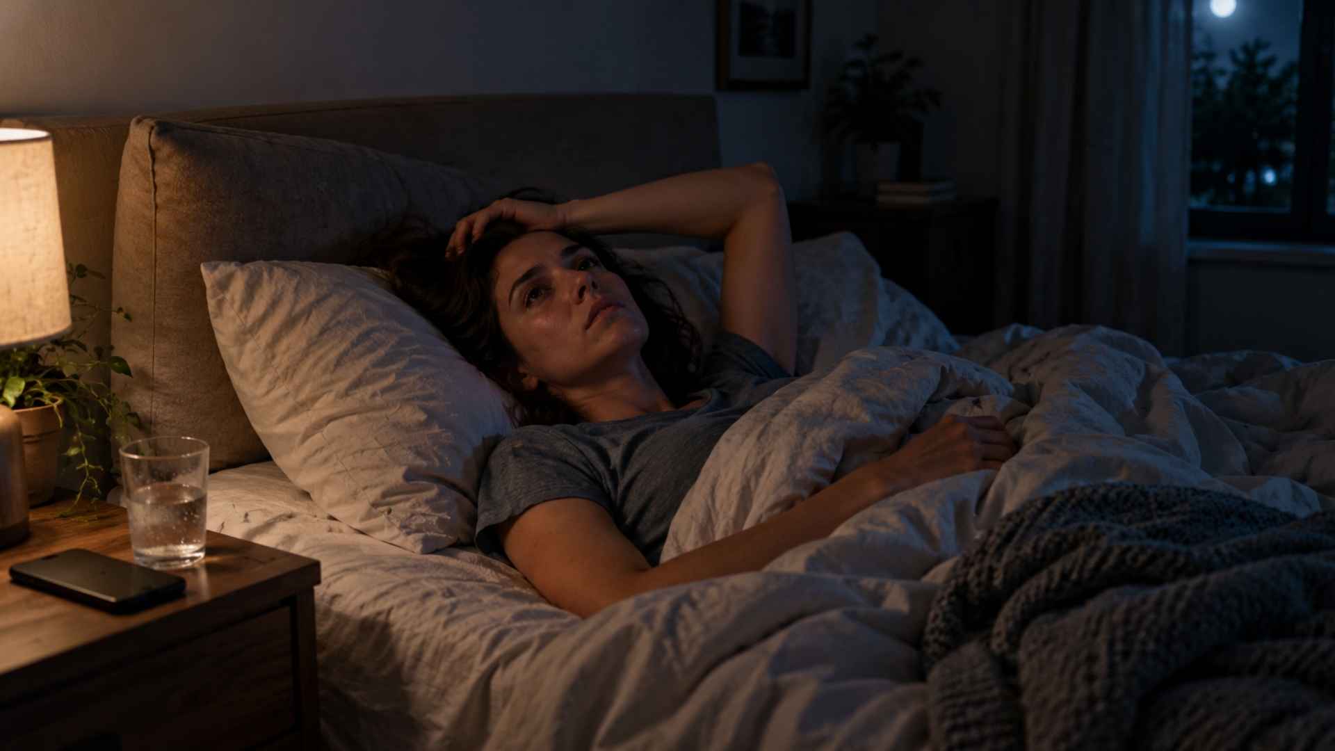 Tired woman lying awake in bed at night, staring at the ceiling beside a lamp and glass of water.