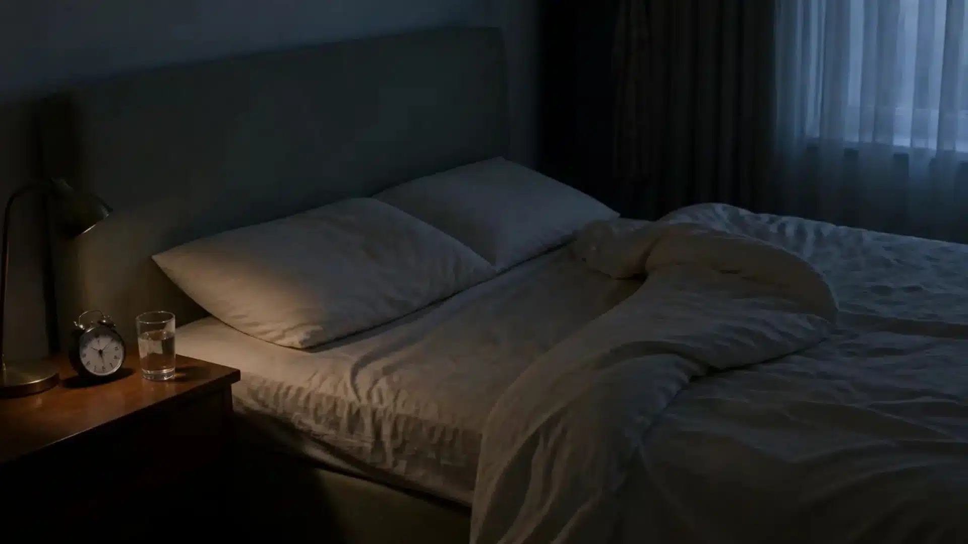 Empty rumpled bed at night with an alarm clock and glass of water on the nightstand, showing a middle of the night wake up