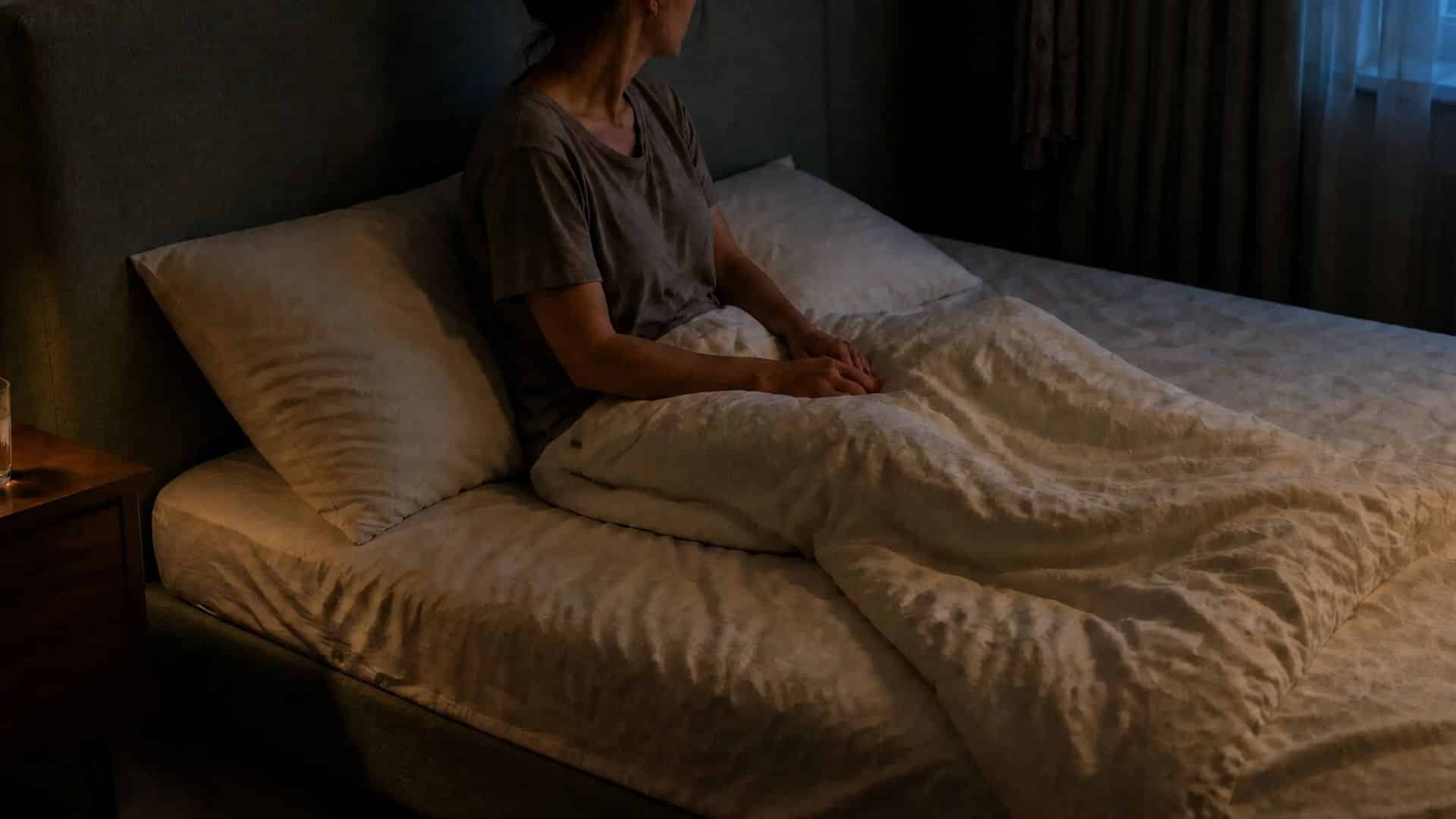Woman sitting awake in bed at night with a lamp lit on the nightstand beside her