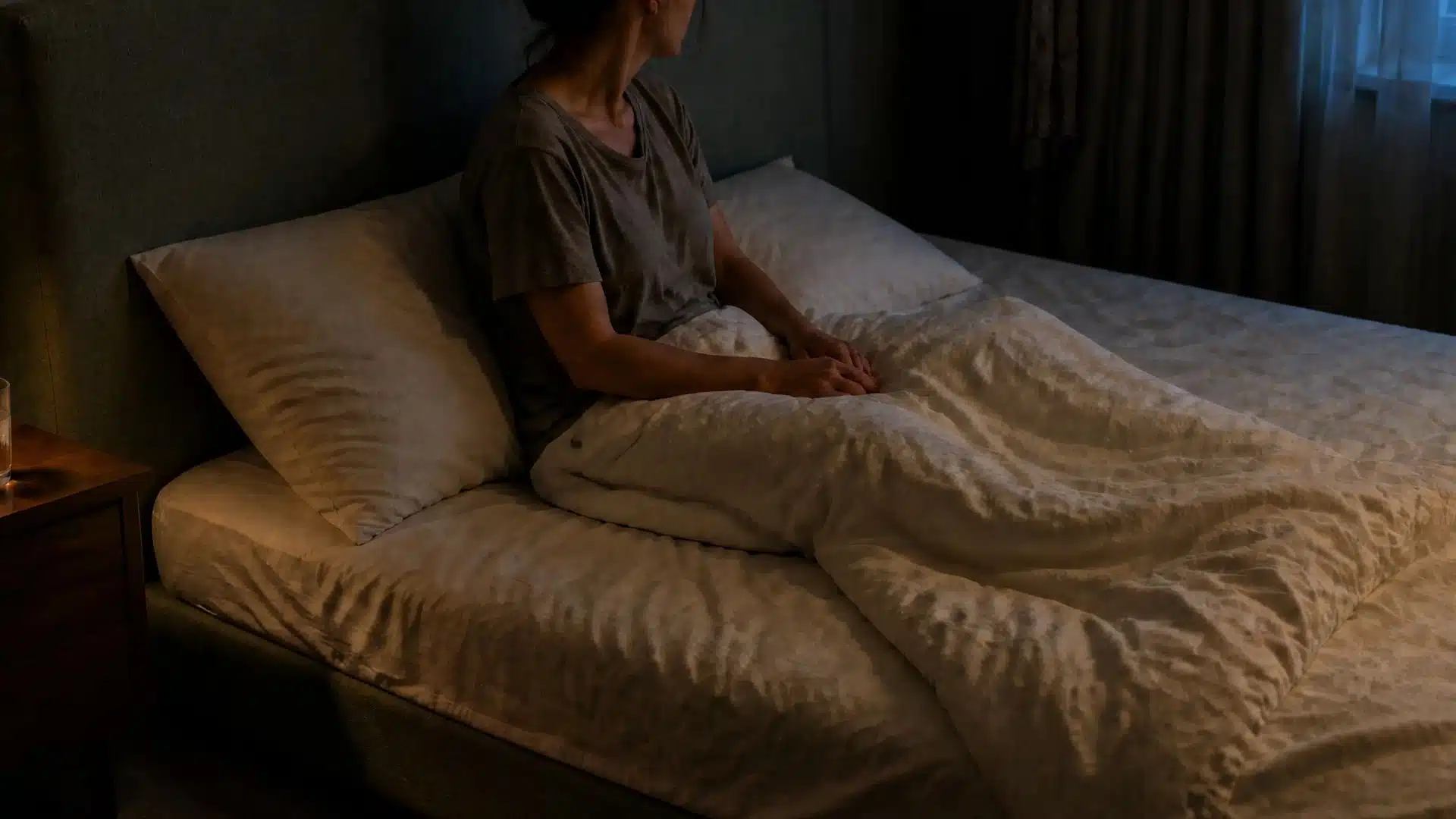 Woman sitting awake in bed at night with a lamp lit on the nightstand beside her