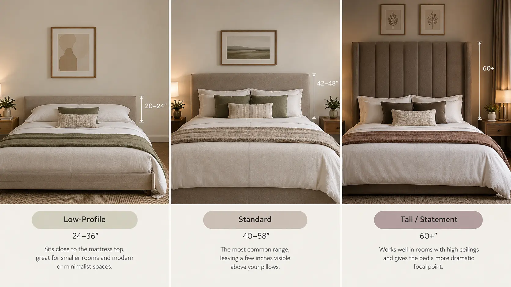 Side-by-side comparison of low-profile, standard, and tall statement headboard heights
